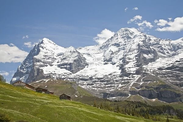 View of snow covered mountain peak, Eiger and Monch mountains from below Kleine Scheidegg, Bernese Alps, Switzerland