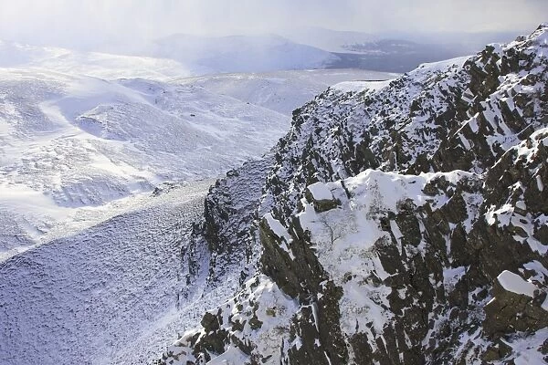View of snow covered mountains, Stac na h-Iolaire, Cairngorms N. P. Highlands, Scotland, March