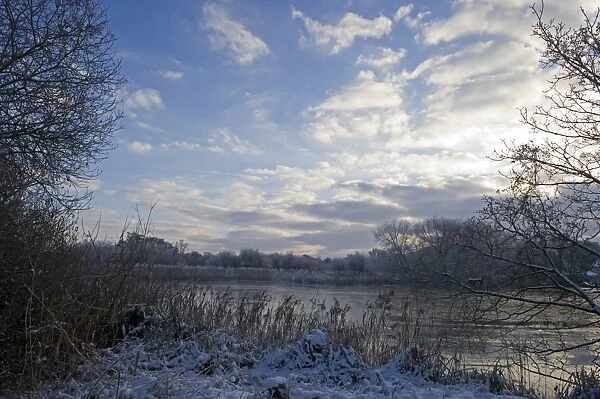 View of snow covered riverbank and frozen river, Ferry Lane Wood, River Yare, The Broads, near Postwick, Norfolk
