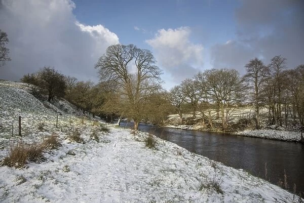 View of snow covered riverbank and river, River Hodder, Clitheroe, Forest of Bowland, Lancashire, England, January