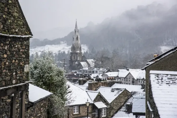 Framed Print : View across snow covered rooftops towards church spire in town, St. Marys Church, Ambleside, Lake District N. P Framed Print : View across snow covered rooftops towards church spire in town, St. Marys Church, Ambleside, Lake District N. P