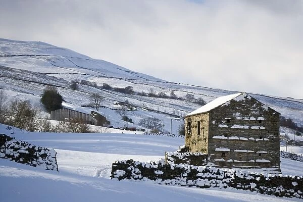 View of snow covered upland farmland with stone barn and drystone walls, near Gunnerside, Swaledale