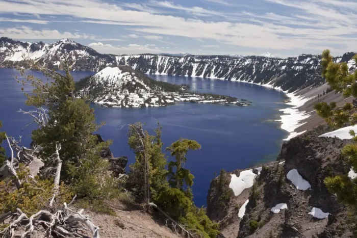 Framed Print : View of snow on volcanic cinder cone forming island in caldera lake at 7000ft. (2200m), Wizard Island, Crater Lake, Crater Lake N. P. Cascade Mountains, Oregon, U. S. A. july Framed Print : View of snow on volcanic cinder cone forming island in caldera lake at 7000ft. (2200m), Wizard Island, Crater Lake, Crater Lake N. P. Cascade Mountains, Oregon, U. S. A. july