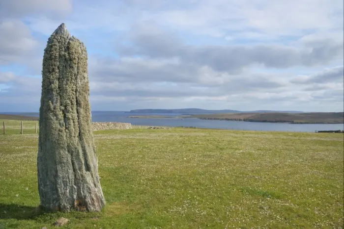 Framed Print : View of standing stone and coastline, Clivocast, Unst, Shetland Islands, Scotland, June Framed Print : View of standing stone and coastline, Clivocast, Unst, Shetland Islands, Scotland, June