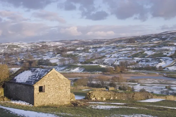 Framed Print : View of stone barn, drystone walls, lambs, trees and River Swale in vallley bottom after snowfall, Reeth, Swaledale Framed Print : View of stone barn, drystone walls, lambs, trees and River Swale in vallley bottom after snowfall, Reeth, Swaledale