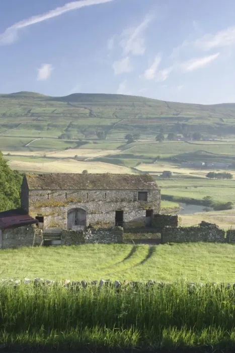Framed Print : View of stone barn, drystone walls and pasture in valley bottom, River Ure, Burtersett, Wensleydale