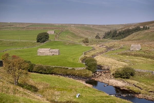 View of stream confluence with river, Stonesdale Beck, River Swale, near Keld, Swaledale, Yorkshire Dales