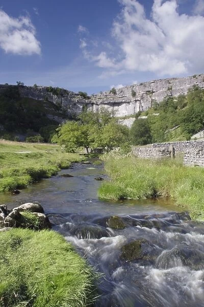 View of stream and limestone cliff, Malham Cove, Malhamdale, Yorkshire Dales N. P. North Yorkshire, England, august