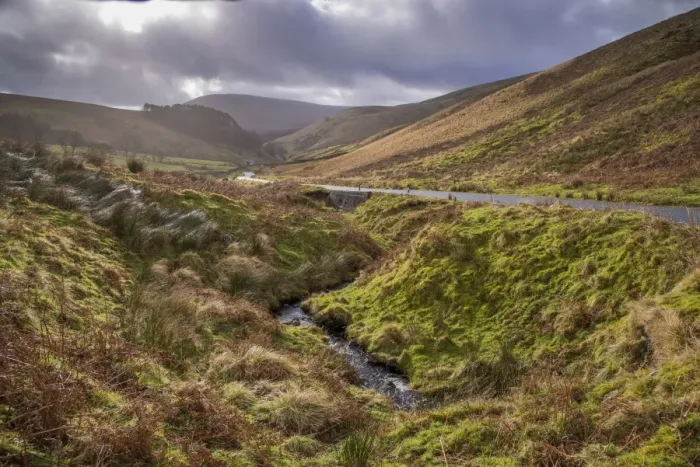 Framed Print : View of stream and road in moorland habitat, looking towards Sykes, Trough of Bowland, Forest of Bowland, Lancashire Framed Print : View of stream and road in moorland habitat, looking towards Sykes, Trough of Bowland, Forest of Bowland, Lancashire