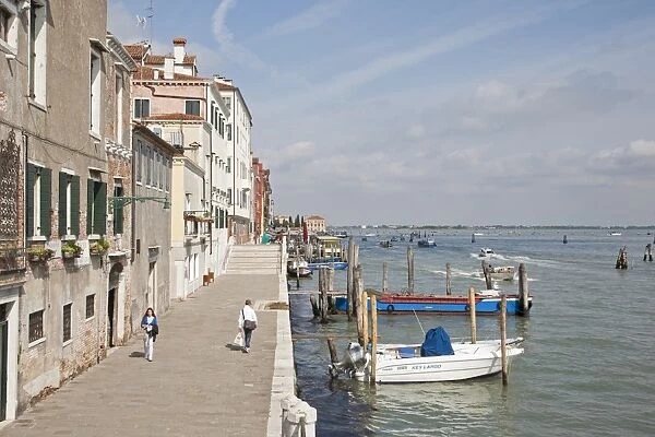 View of street and waterfront with boats, Fondamente Nuove, Cannaregio District, Venetian Lagoon, Venice, Veneto