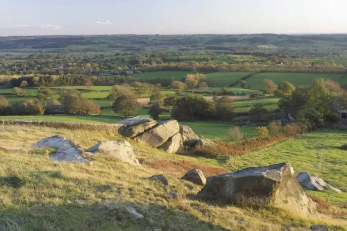 Framed Print : View of surrounding farmland, gritstone rocks and valley from Almscliff Crag rock formation, North Rigton, North Yorkshire, England, october Framed Print : View of surrounding farmland, gritstone rocks and valley from Almscliff Crag rock formation, North Rigton, North Yorkshire, England, october