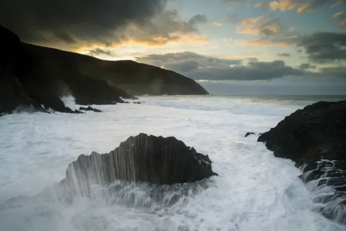 Framed Print : View of swell waves breaking on rocks at dawn, Coumeenole North, Dingle Peninsula, County Kerry, Munster, Ireland Framed Print : View of swell waves breaking on rocks at dawn, Coumeenole North, Dingle Peninsula, County Kerry, Munster, Ireland