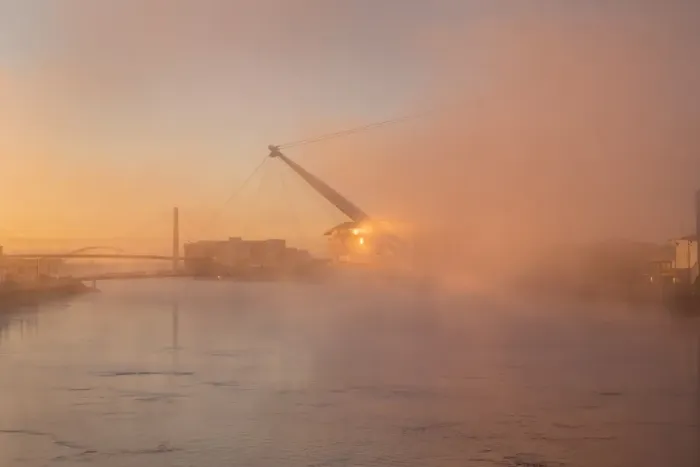 Framed Print : View of tidal river with footbridge and university building shrouded in mist at sunrise, Newport City Footbridge Framed Print : View of tidal river with footbridge and university building shrouded in mist at sunrise, Newport City Footbridge