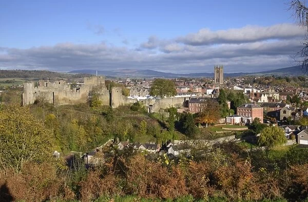 View of town and medieval castle, Ludlow Castle, Ludlow, Shropshire, England, November