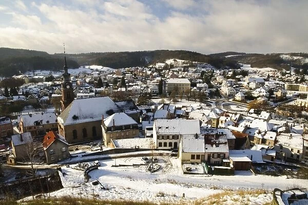 View of town in snow, Bitche, Vosges Regional Natural Park, Lorraine, France, December