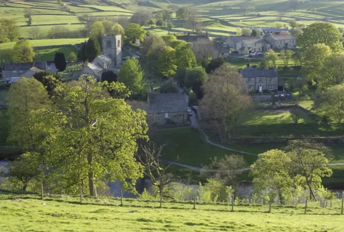 Framed Print : View of trees, pasture, river and village with church, St. Wilfrids Church, River Wharfe, Burnsall, Wharfedale Framed Print : View of trees, pasture, river and village with church, St. Wilfrids Church, River Wharfe, Burnsall, Wharfedale