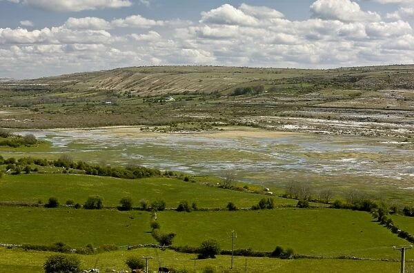 View of turlough in karst habitat, Lough Carran, The Burren, County Clare, Ireland, May