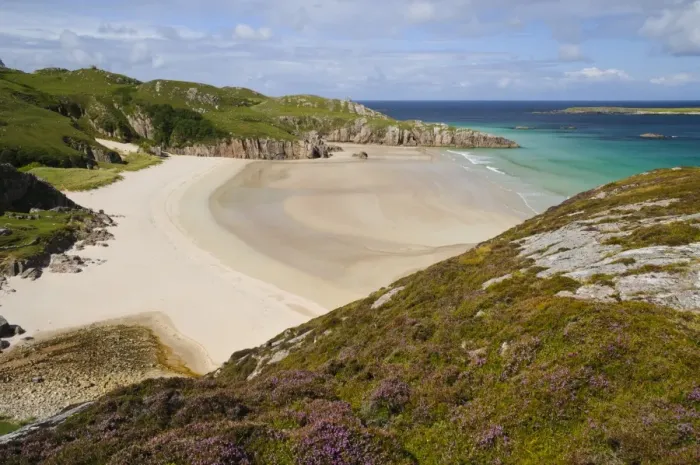 Framed Print : View of turquoise sea lapping sandy beach, with island of Eilean Hoan in background, Traigh Allt Chailgeag Framed Print : View of turquoise sea lapping sandy beach, with island of Eilean Hoan in background, Traigh Allt Chailgeag