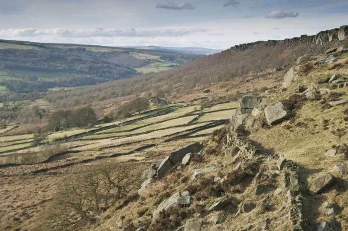 Framed Print : View of upland habitat with drystone walls and gritstone edge, looking north from Baslow Edge, Peak District