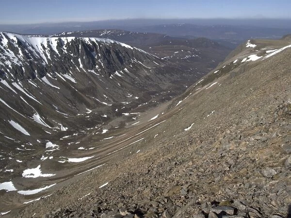 View of upland habitat, with scree slopes and valley, Cairngorm Mountains, Highlands, Scotland, april