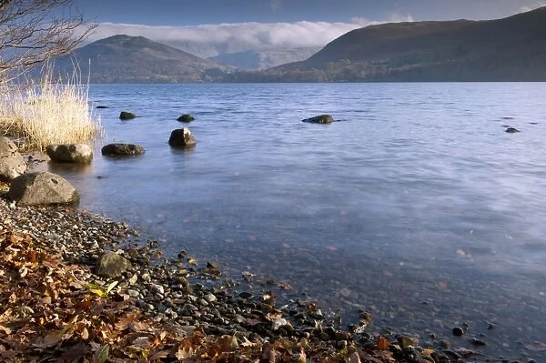 View of upland lake looking from west shore towards Barton Fell, Ullswater, Lake District, Cumbria, England, november