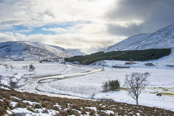 View of upland valley with river in snow, River Dee Valley, near Braemar, looking west towards summit of Creag Bhaig
