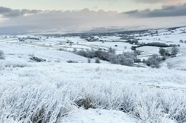 View of valley farmland covered in snow, Upper Eden Valley, near Kirkby Stephen, Cumbria, England, December