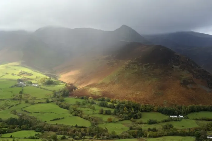 Framed Print : View of valley and fell with rain squall overhead, looking from Catbells, Causey Pike, Newlands Valley Framed Print : View of valley and fell with rain squall overhead, looking from Catbells, Causey Pike, Newlands Valley