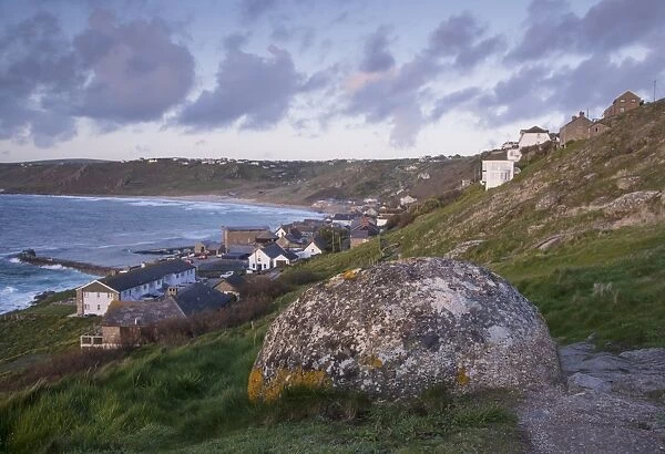 View of village and coastline, Sennen Cove, Sennen, Cornwall, England, May