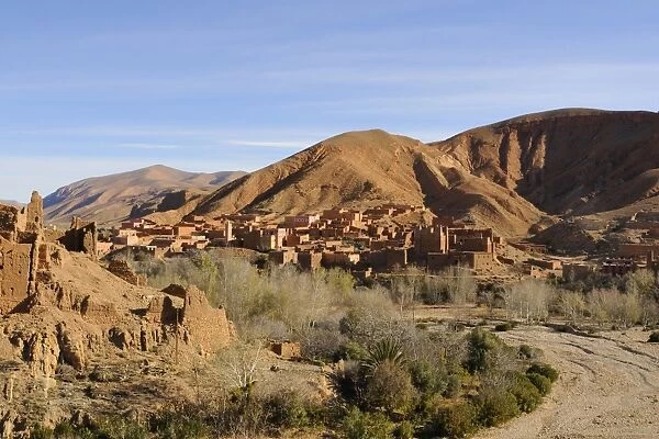 View of village in mountain valley, Dades Gorge, Atlas Mountains, Morocco, january