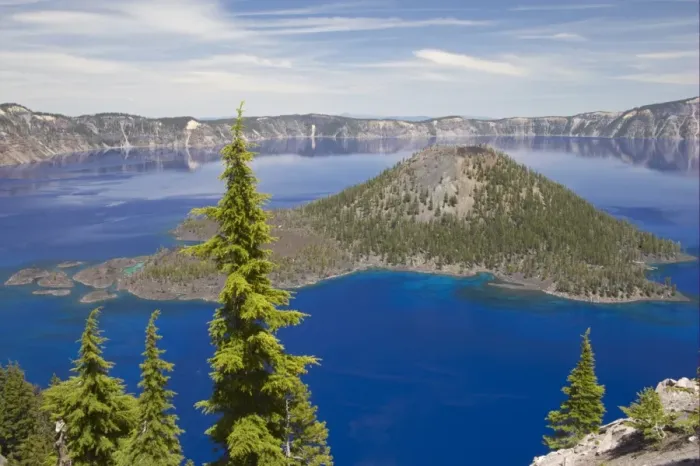 Framed Print : View of volcanic cinder cone forming island in caldera lake, Wizard Island, Crater Lake, Crater Lake N. P. Oregon, U. S. A Framed Print : View of volcanic cinder cone forming island in caldera lake, Wizard Island, Crater Lake, Crater Lake N. P. Oregon, U. S. A