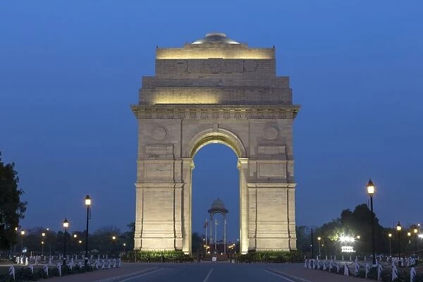 View of war memorial illuminated at night, India Gate, New Delhi, Delhi, India, March