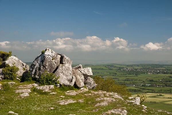 View towards Warton from top of limestone hill, Warton Crag, Lancashire, England, May