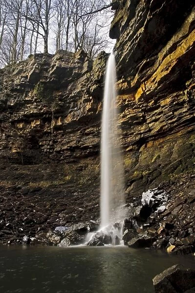 View of waterfall in gorge, Hardraw Force, Hardraw Beck, Hardraw Scar, Wensleydale, Yorkshire Dales N. P