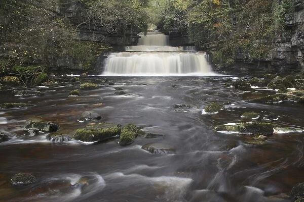 View of waterfall and limestone rocks, Cotter Force, Cotterdale Beck, Wensleydale, Yorkshire Dales N. P