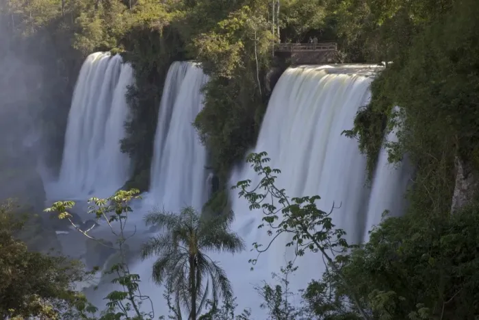Framed Print : View of waterfall with viewing platform, Iguazu Falls, Iguazu N. P. Argentina