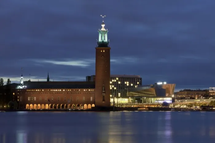 Framed Print : View of waterfront with city hall illuminated at night, Stockholm City Hall, Kungsholmen Island, Riddarfjarden