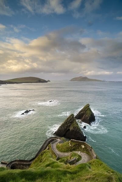 View of winding coastal pathway to pier at dawn, Dunquin Pier, Dingle Peninsula, County Kerry, Munster, Ireland