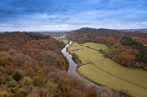 View of woodland, river and pastures, River Wye, Symonds Yat, Forest of Dean