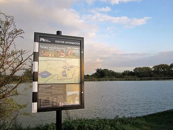 Visitor Information sign at edge of reservoir, Marsworth Reservoir, Tring Reservoirs, Tring, Hertfordshire, England