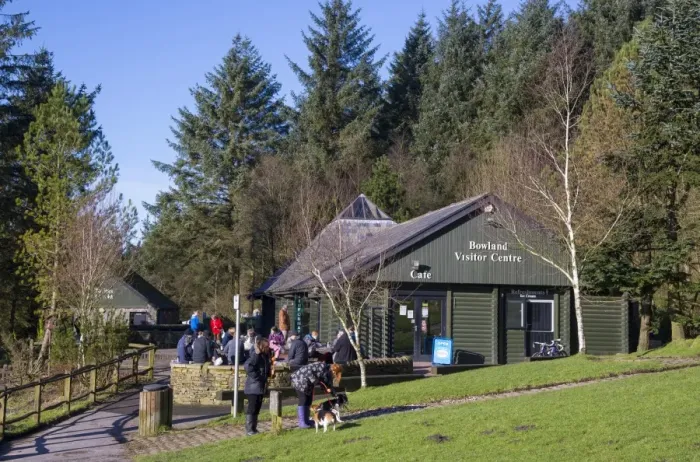 Framed Print : Visitors outside visitor centre, Bowland Visitor Centre, Beacon Fell Country Park, Forest of Bowland, Lancashire
