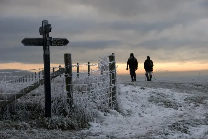 Framed Print : Walkers on frost and snow covered footpath, beside signpost and fence at sunset, Ridgeway Path, near Pitstone Hill, Chilterns, Buckinghamshire, England, december Framed Print : Walkers on frost and snow covered footpath, beside signpost and fence at sunset, Ridgeway Path, near Pitstone Hill, Chilterns, Buckinghamshire, England, december