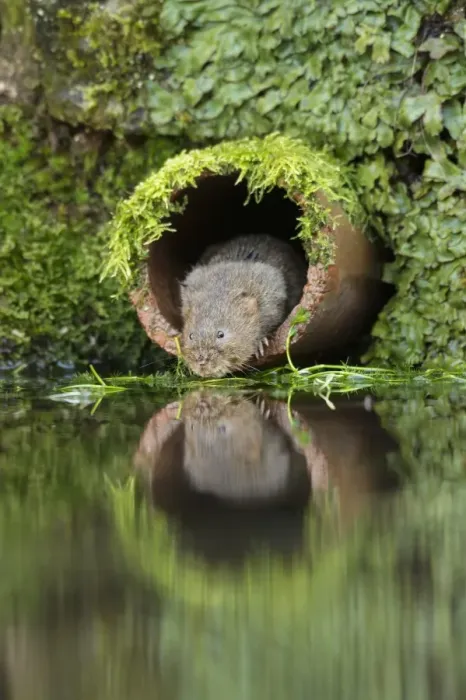Framed Print : Water Vole (Arvicola amphibius) adult, emerging from drainage pipe, Kent, England, December