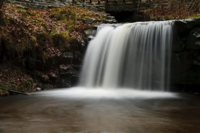 Framed Print : Waterfall and river in woodland with fallen leaves, Blow Gill, near Hawnby, North York Moors N. P
