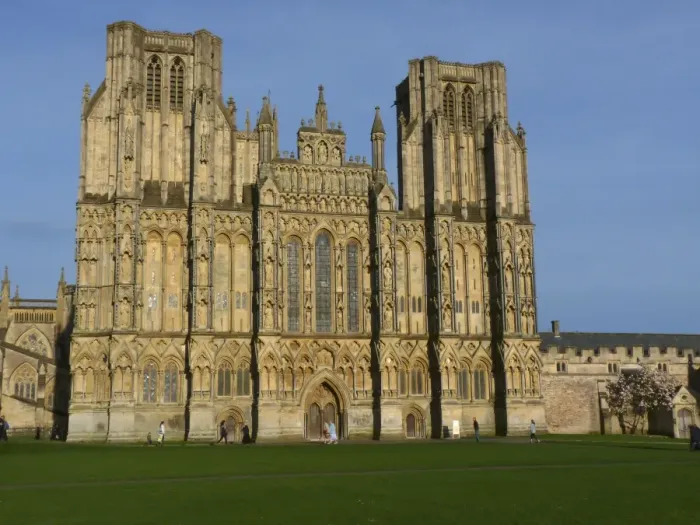 Framed Print : West front elevation of medieval cathedral, Wells Cathedral, Wells, Somerset, England, april Framed Print : West front elevation of medieval cathedral, Wells Cathedral, Wells, Somerset, England, april