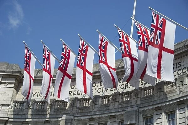 White Ensign flags on office building, Admiralty Arch, City of Westminster, London, England, april