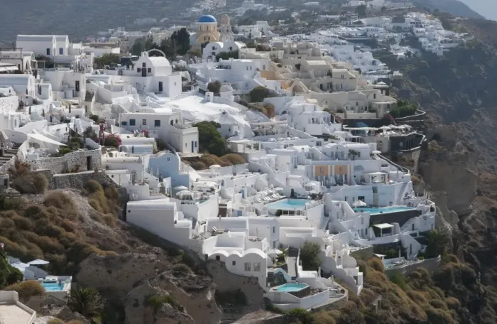 Framed Print : White-washed buildings and swimming pools, in town on coastal clifftop, Oia, Santorini, Cyclades, Aegean Sea, Greece Framed Print : White-washed buildings and swimming pools, in town on coastal clifftop, Oia, Santorini, Cyclades, Aegean Sea, Greece