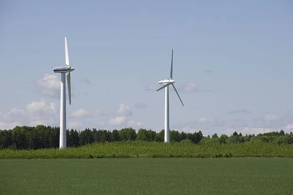 Wind turbines at windfarm, Uppland, Sweden, may