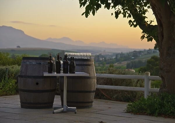 Wine casks and bottles on wine estate at sunset, Devon Valley, Stellenbosch, Western Cape, South Africa