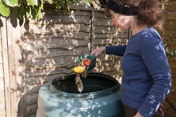 Woman putting vegetable scraps into garden compost bin, England, april